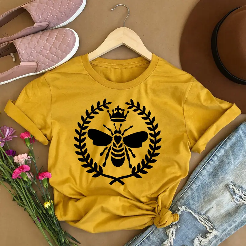 Men Women Bee Crown Letter T-Shirt Grey - Image 5