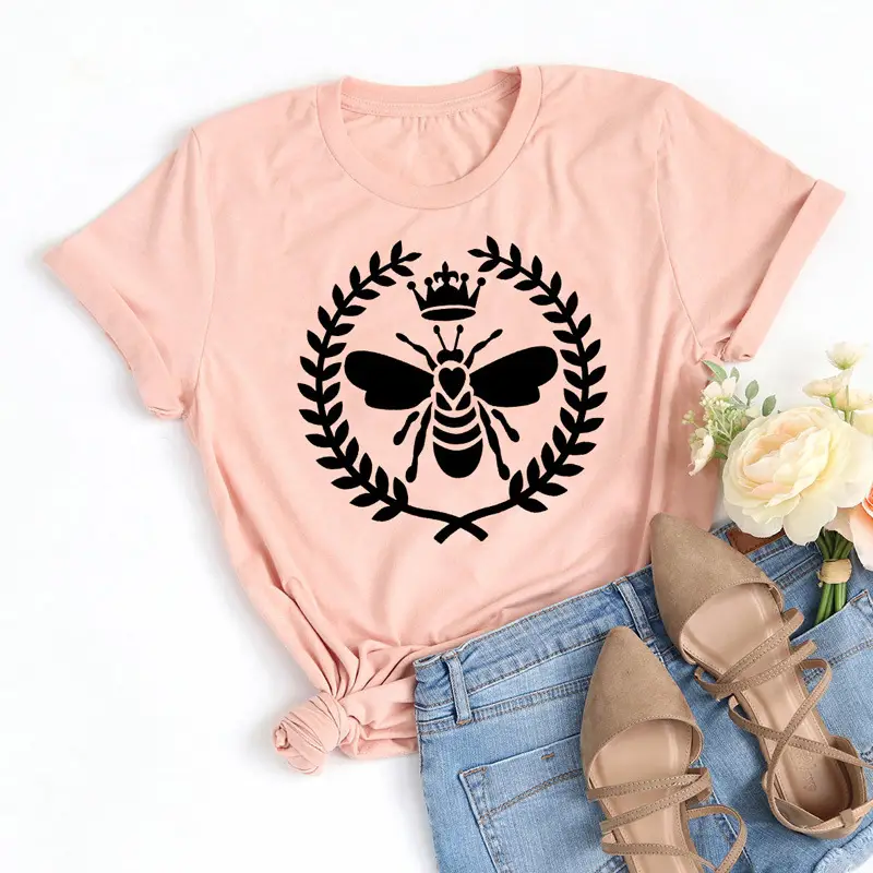 Men Women Bee Crown Letter T-Shirt Grey - Image 6