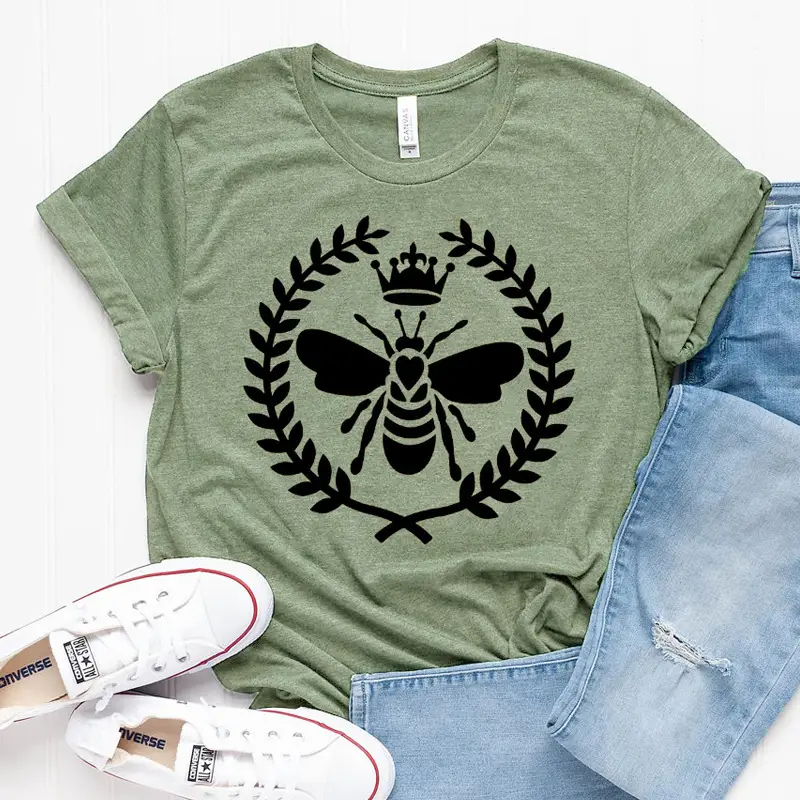 Men Women Bee Crown Letter T-Shirt Grey - Image 7