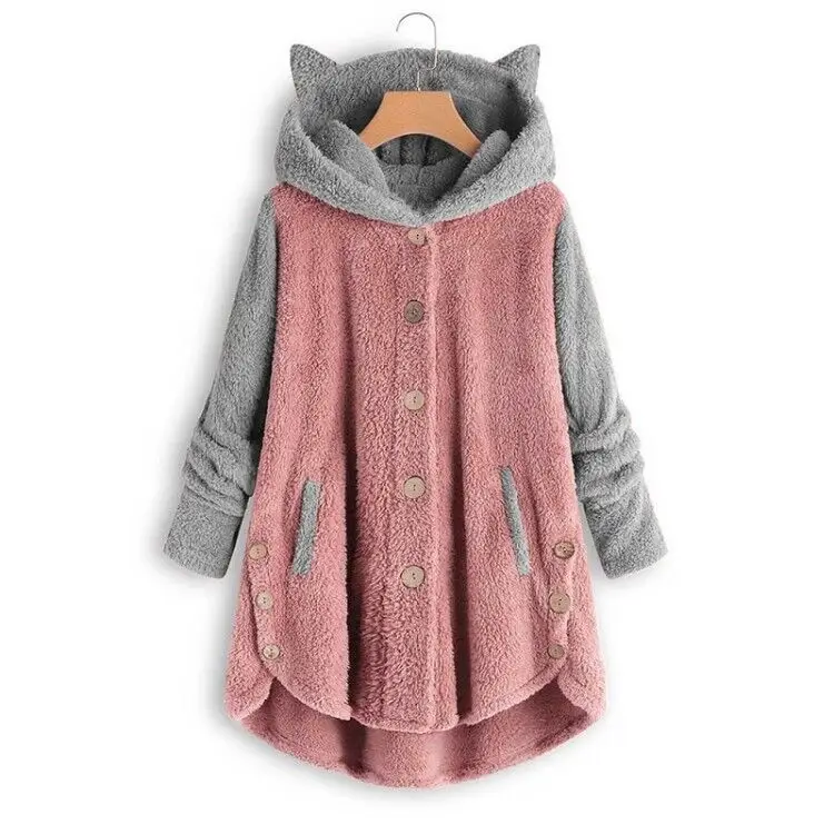 Women Button Hooded Cat Ear Plush Jacket Blue - Image 9