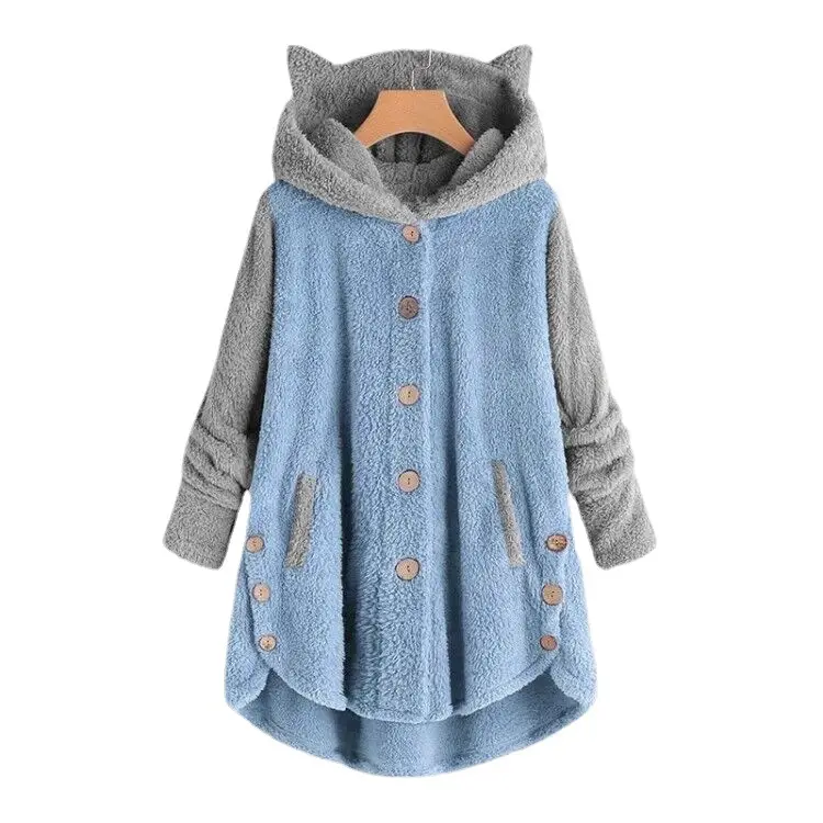 Women Button Hooded Cat Ear Plush Jacket Blue - Image 10