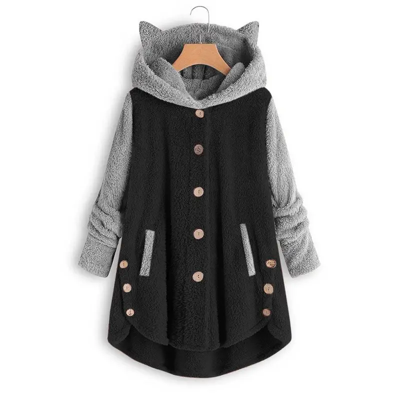 Women Button Hooded Cat Ear Plush Jacket Blue - Image 3