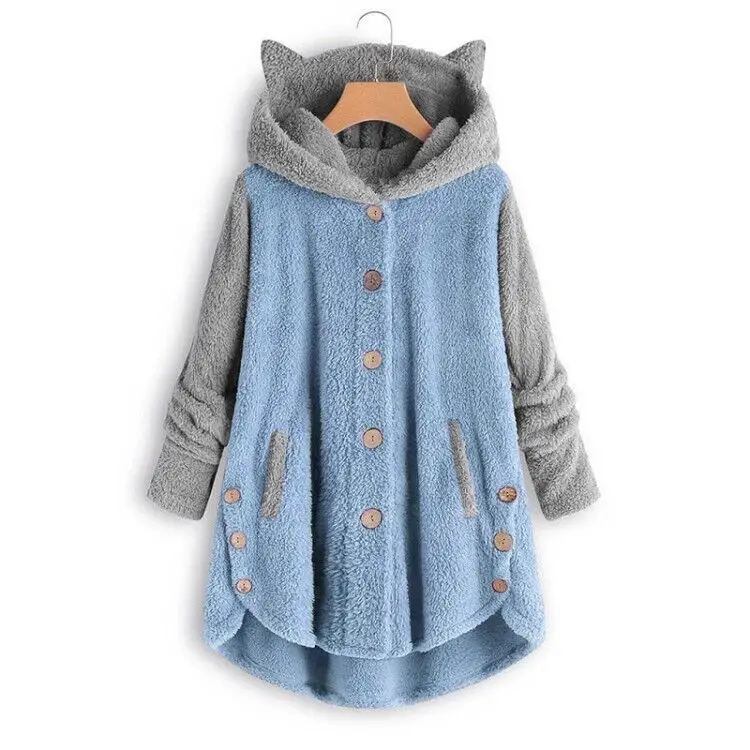 Women Button Hooded Cat Ear Plush Jacket Blue - Image 4