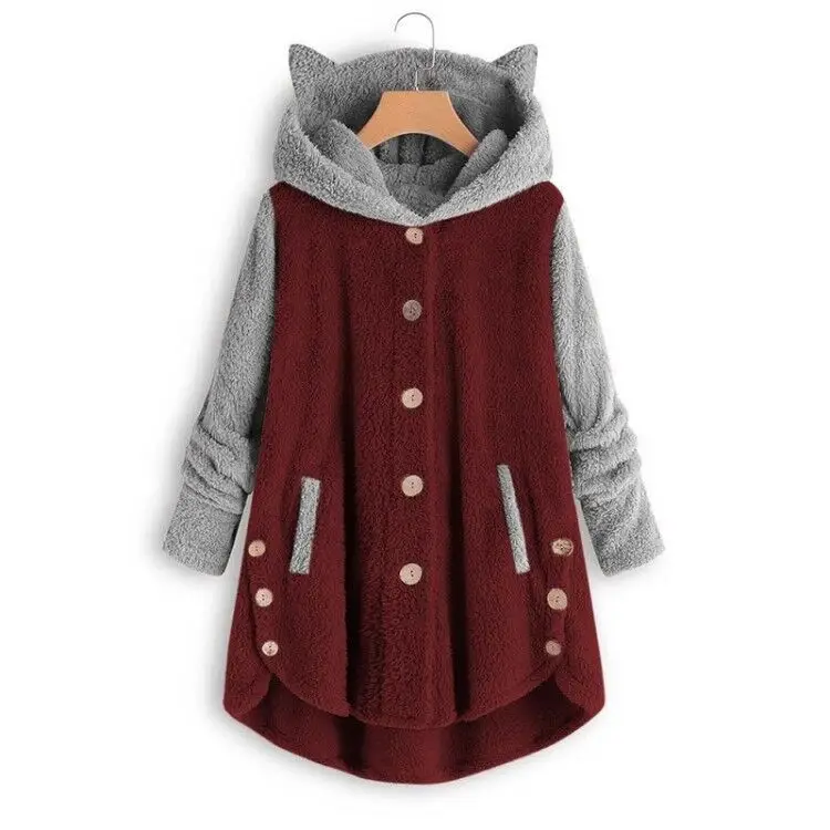 Women Button Hooded Cat Ear Plush Jacket Blue - Image 5