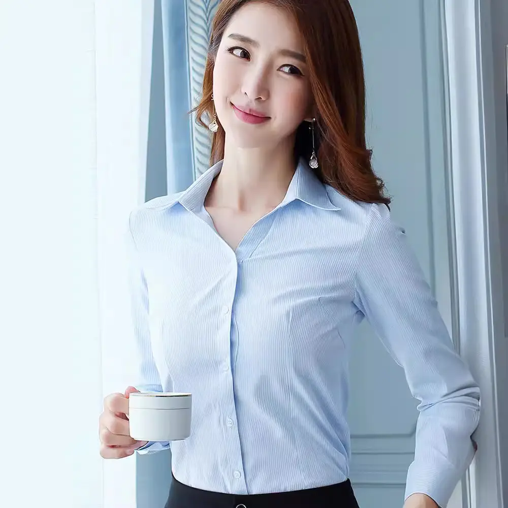 Women's White Vertical Jacquard Shirt Long Sleeve Winter Business Wear - Image 6