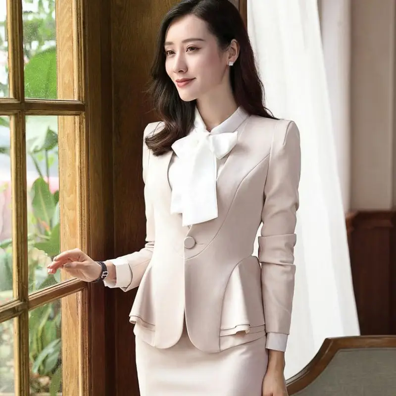Women Business Suit Beige Three-Piece Autumn Winter Elegant - Image 3