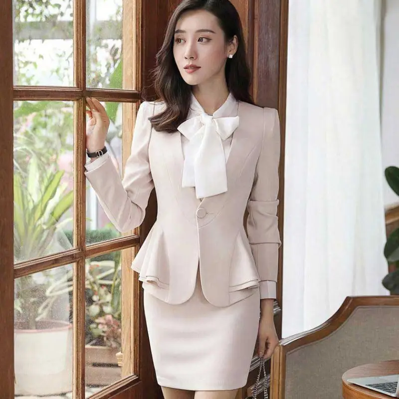 Women Business Suit Beige Three-Piece Autumn Winter Elegant - Image 4