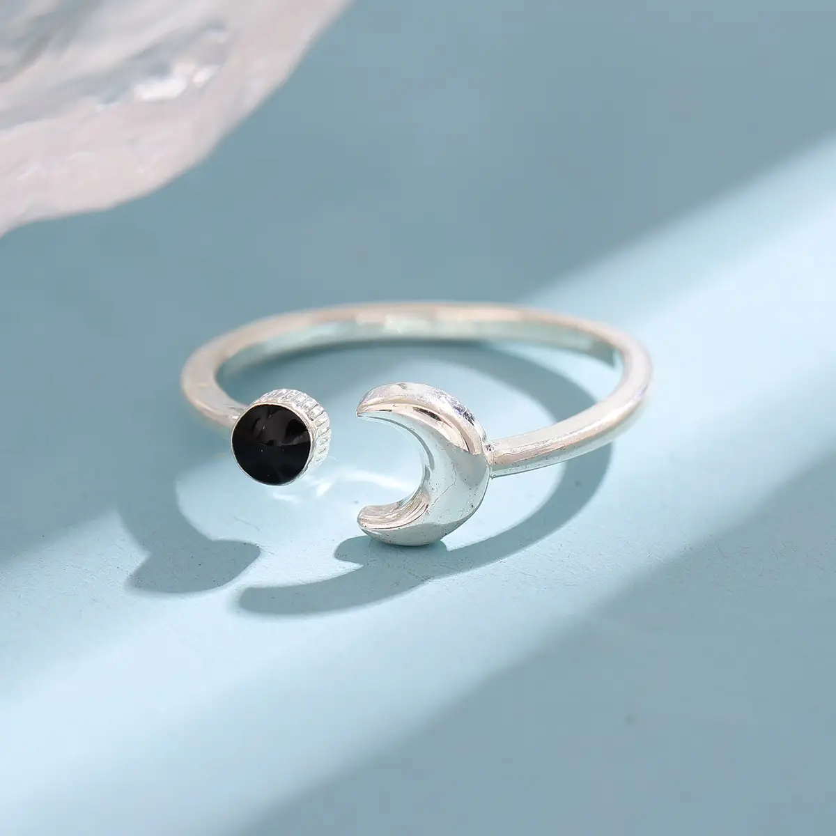 Women's Fashion Moon Black Glue Drop Ring Silver - Image 3