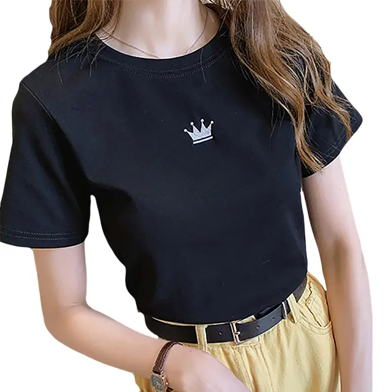 Women 2025 Summer Crown Embroidered T-Shirt White Black - Image 32