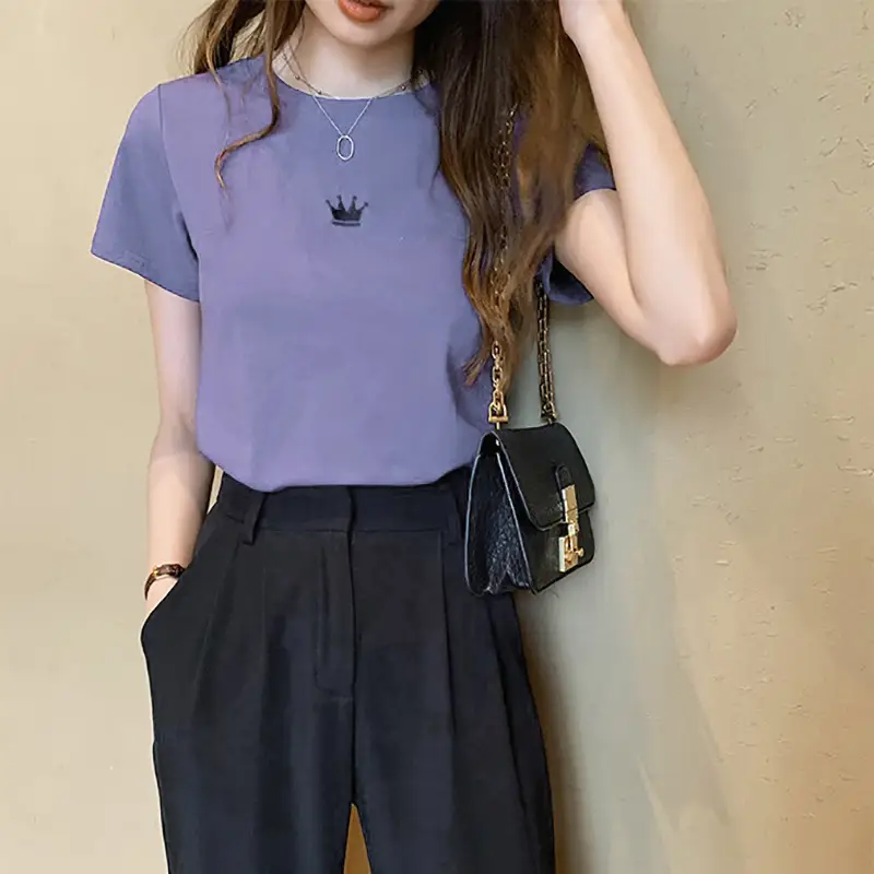 Women 2025 Summer Crown Embroidered T-Shirt White Black - Image 4