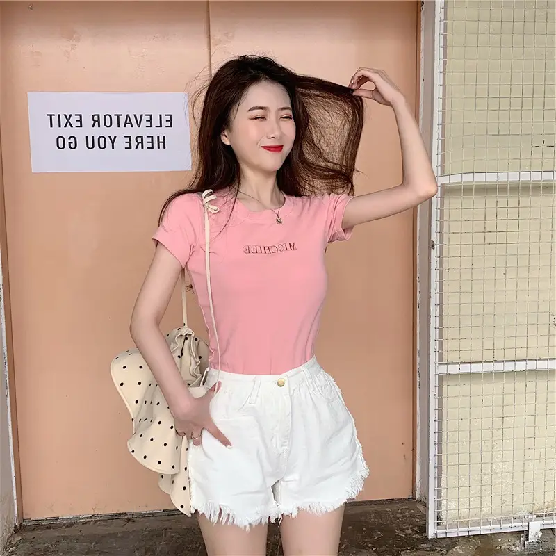 Women 2025 Summer Crown Embroidered T-Shirt White Black - Image 5