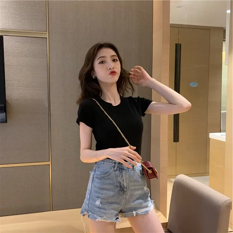 Women 2025 Summer Crown Embroidered T-Shirt White Black - Image 12