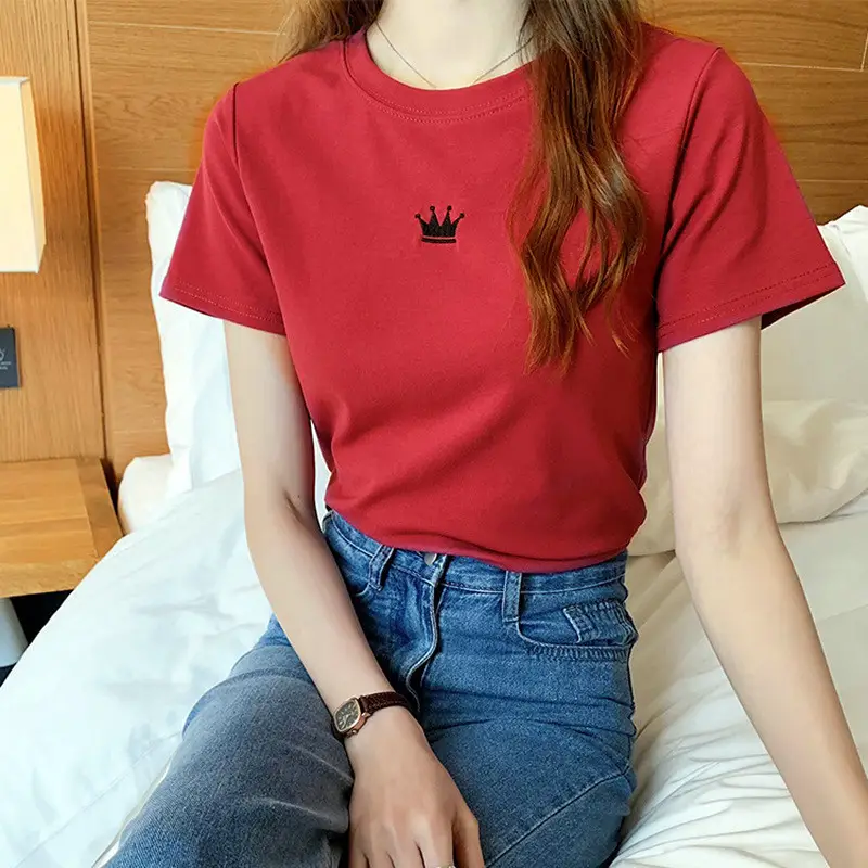 Women 2025 Summer Crown Embroidered T-Shirt White Black - Image 19