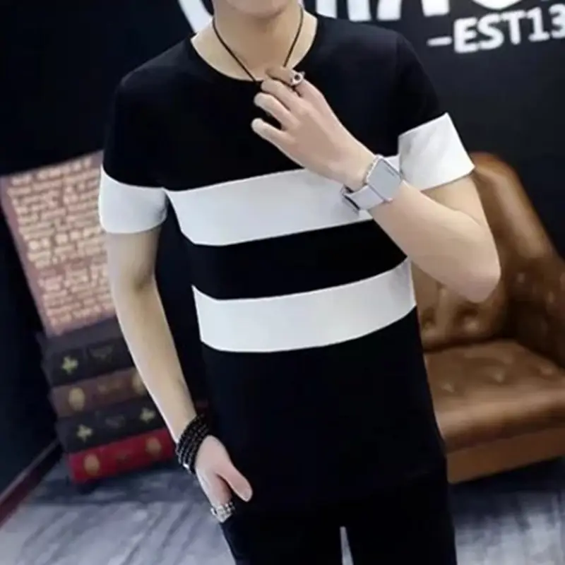 Men's 20 Summer Striped Thin T-Shirt White Black Slim Fit - Image 4