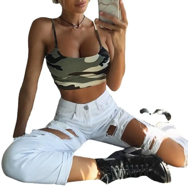 Women Camouflage Strapless Vest with High Waist Shorts