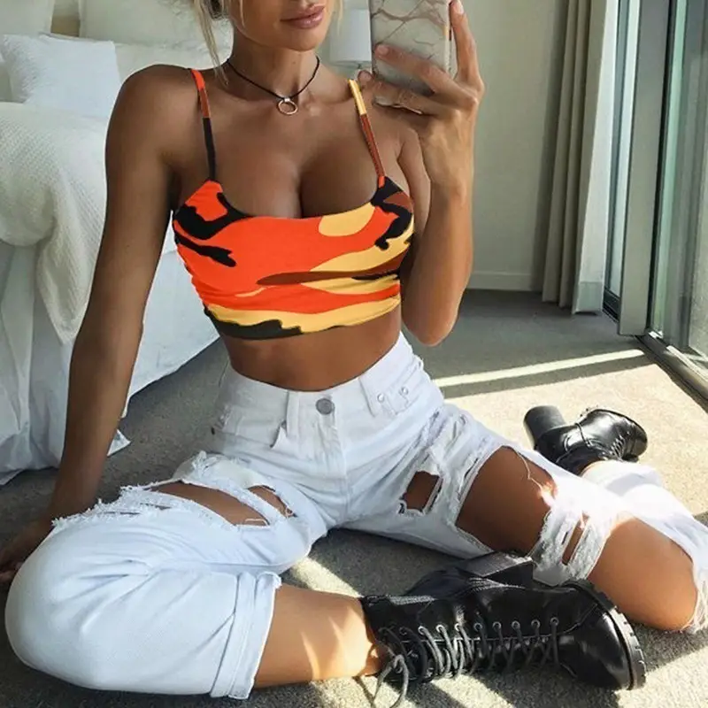 Women Camouflage Strapless Vest with High Waist Shorts