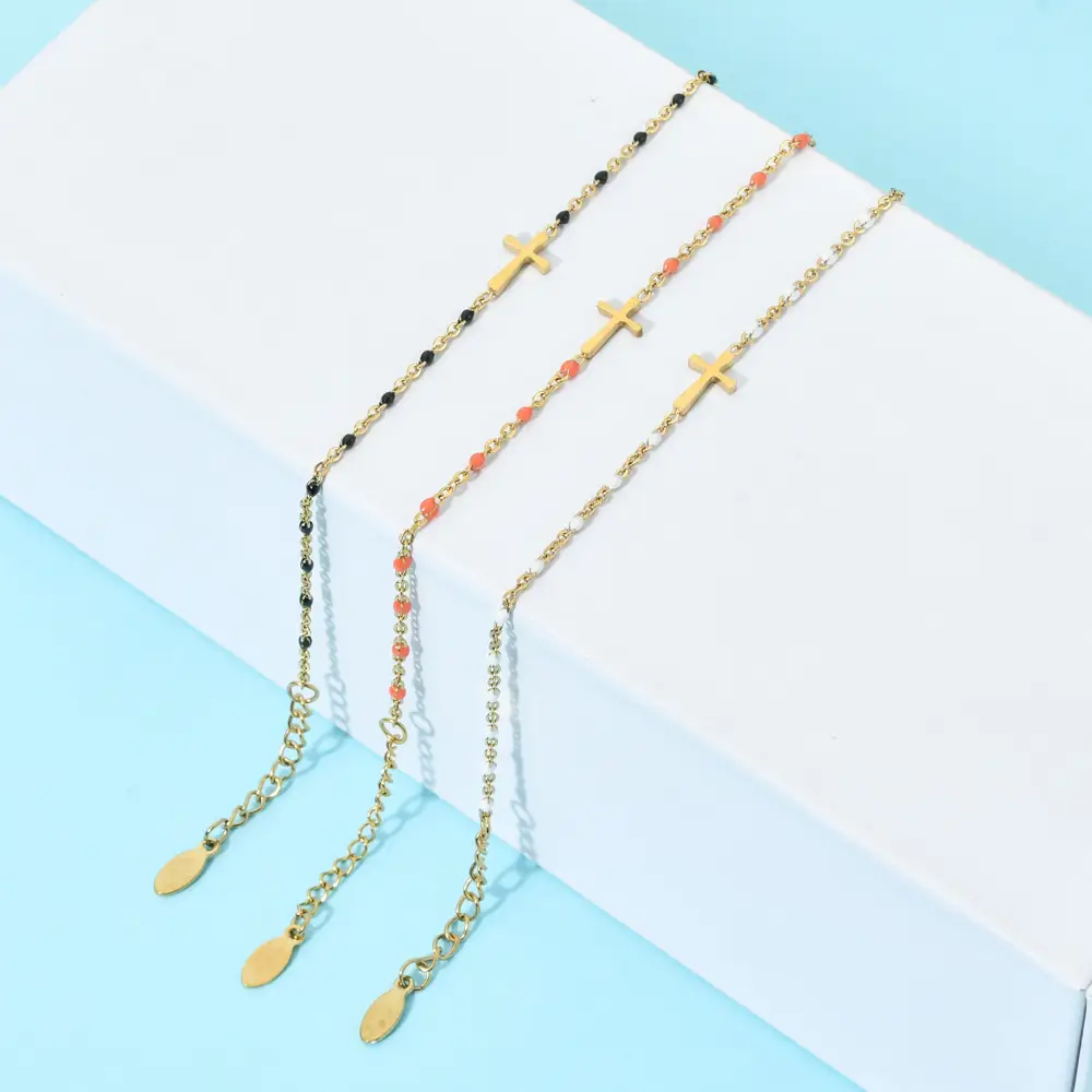 Stainless Steel Cross Bracelet for Women Blue Beads Gold Plated - Image 19