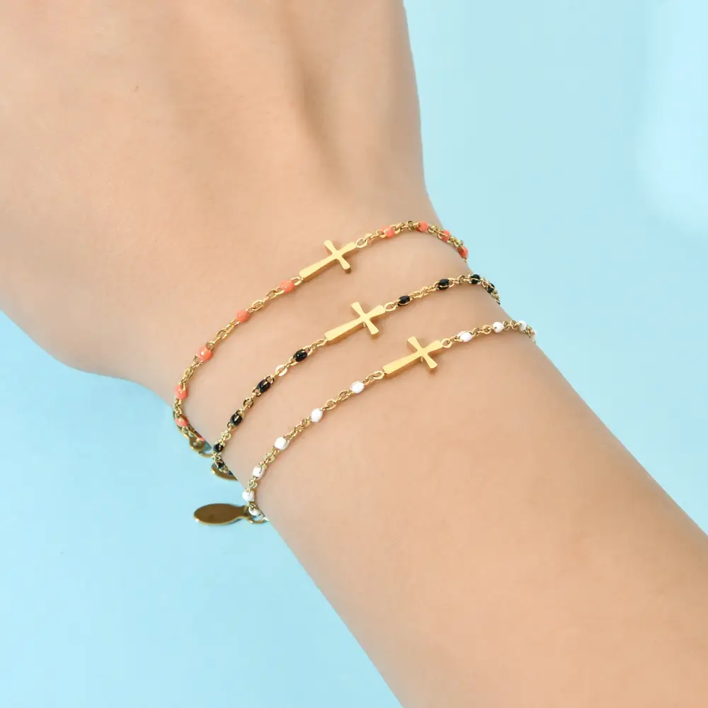Stainless Steel Cross Bracelet for Women Blue Beads Gold Plated - Image 20