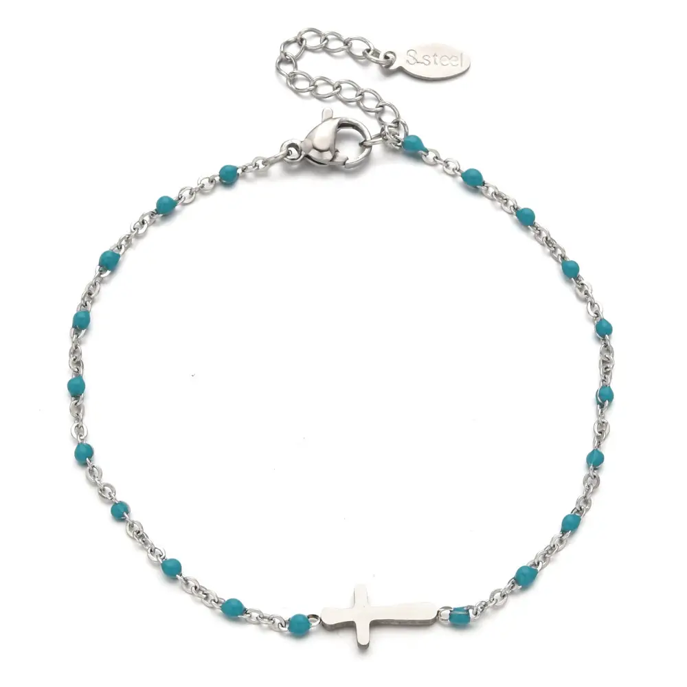 Stainless Steel Cross Bracelet for Women Blue Beads Gold Plated - Image 10