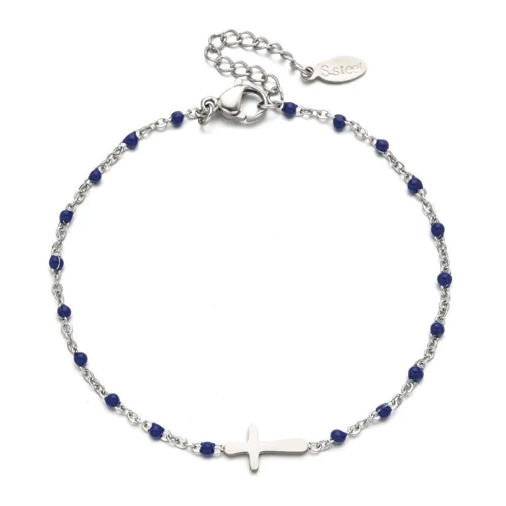 Stainless Steel Cross Bracelet for Women Blue Beads Gold Plated - Image 12