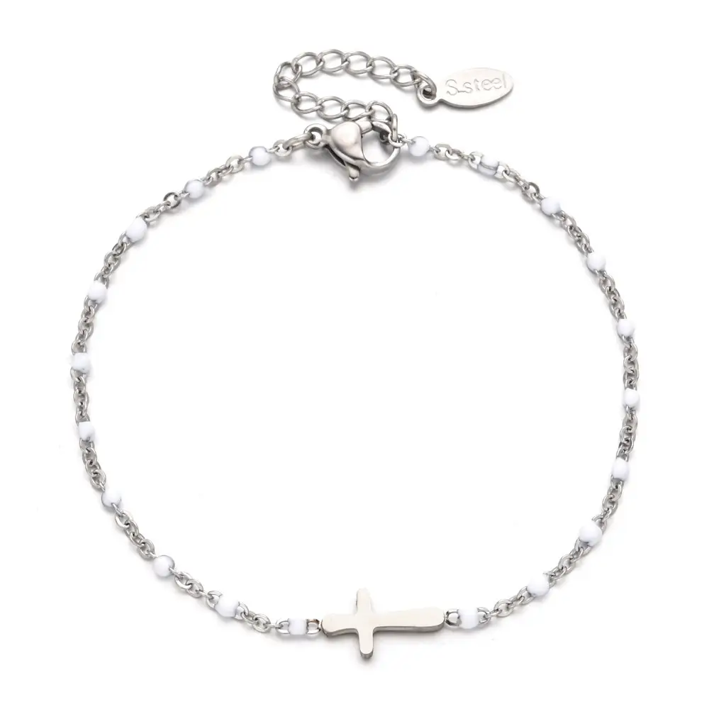 Stainless Steel Cross Bracelet for Women Blue Beads Gold Plated - Image 15