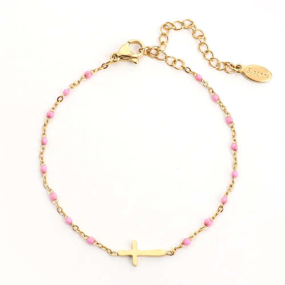 Stainless Steel Cross Bracelet for Women Blue Beads Gold Plated - Image 16