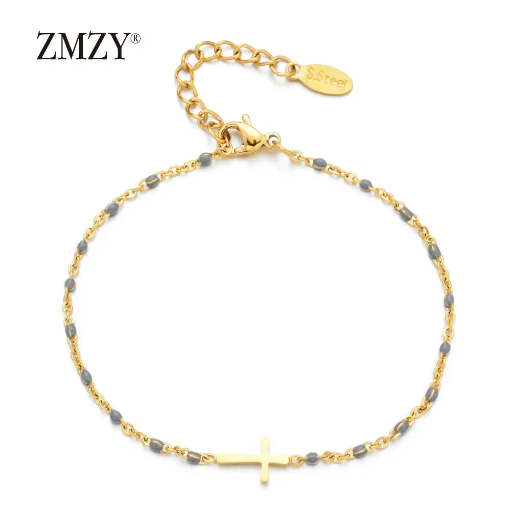 Stainless Steel Cross Bracelet for Women Blue Beads Gold Plated - Image 2