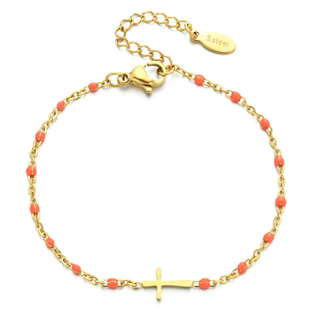 Stainless Steel Cross Bracelet for Women Blue Beads Gold Plated - Image 6