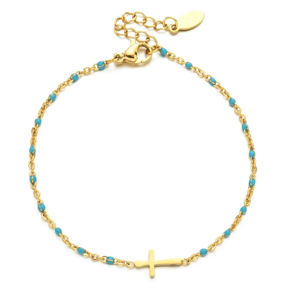 Stainless Steel Cross Bracelet for Women Blue Beads Gold Plated - Image 7