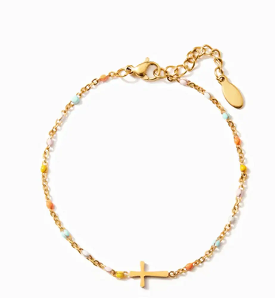 Stainless Steel Cross Bracelet for Women Blue Beads Gold Plated - Image 9