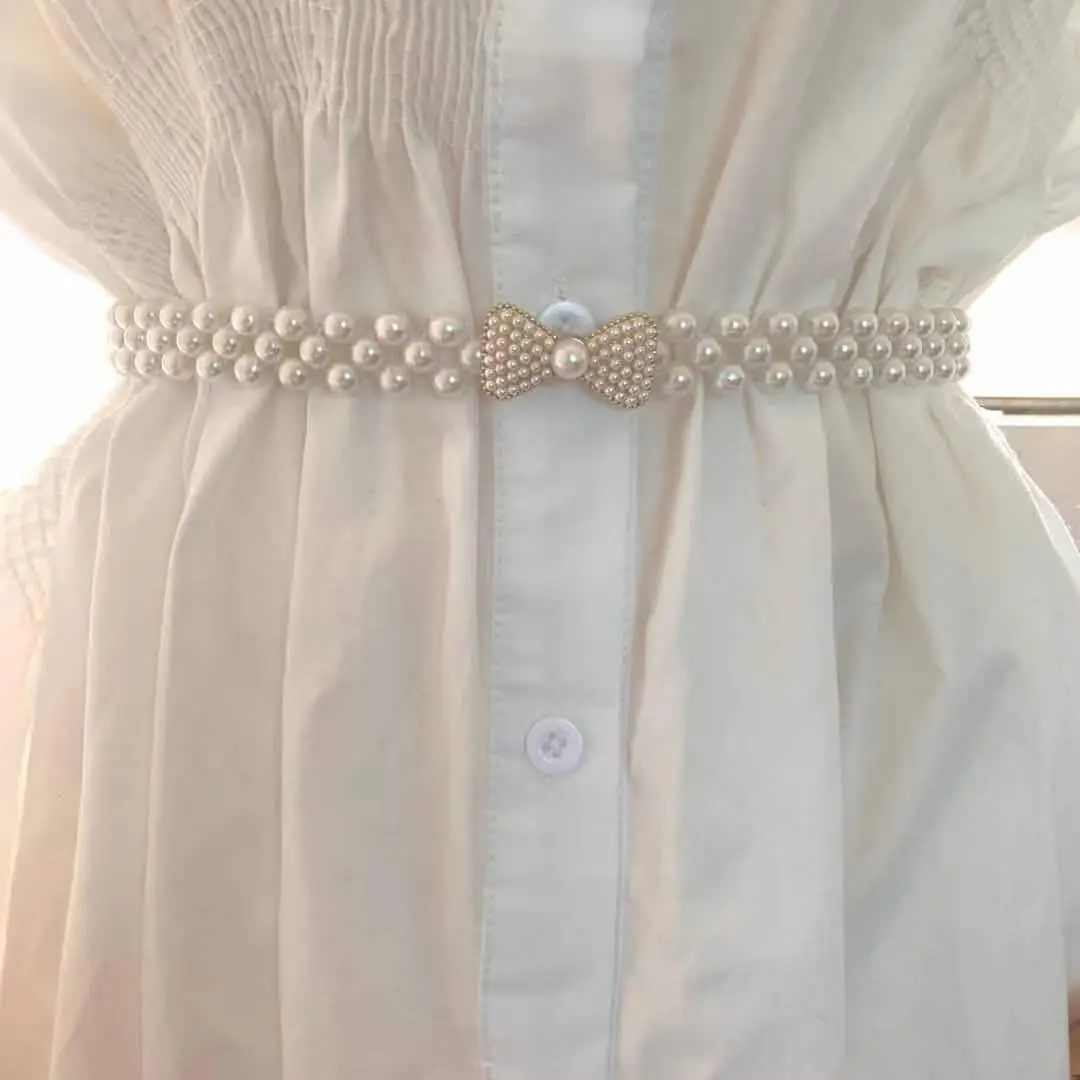 White Pearl Belt with Rhinestone Centerpiece for Women