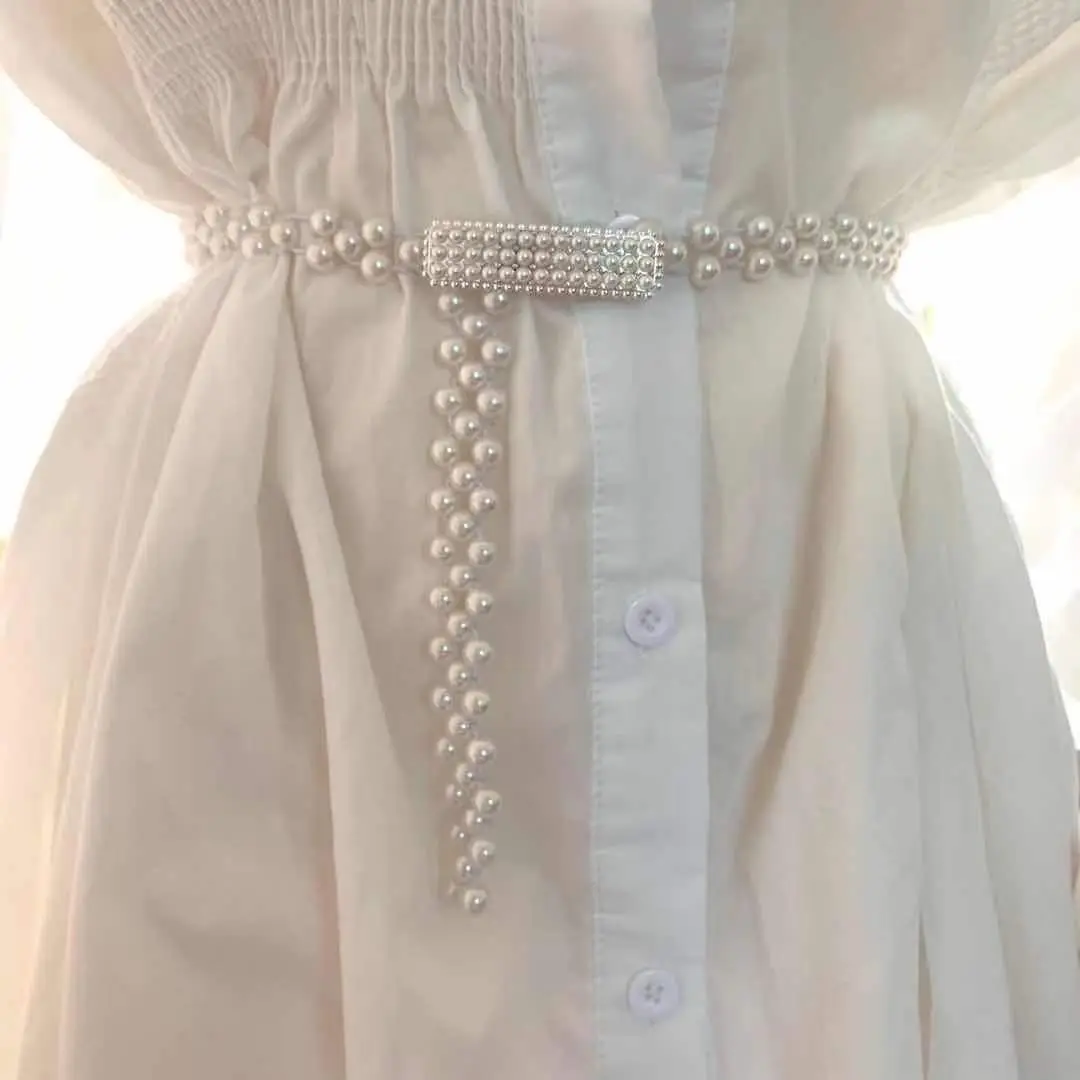 White Pearl Belt with Rhinestone Centerpiece for Women - Image 10