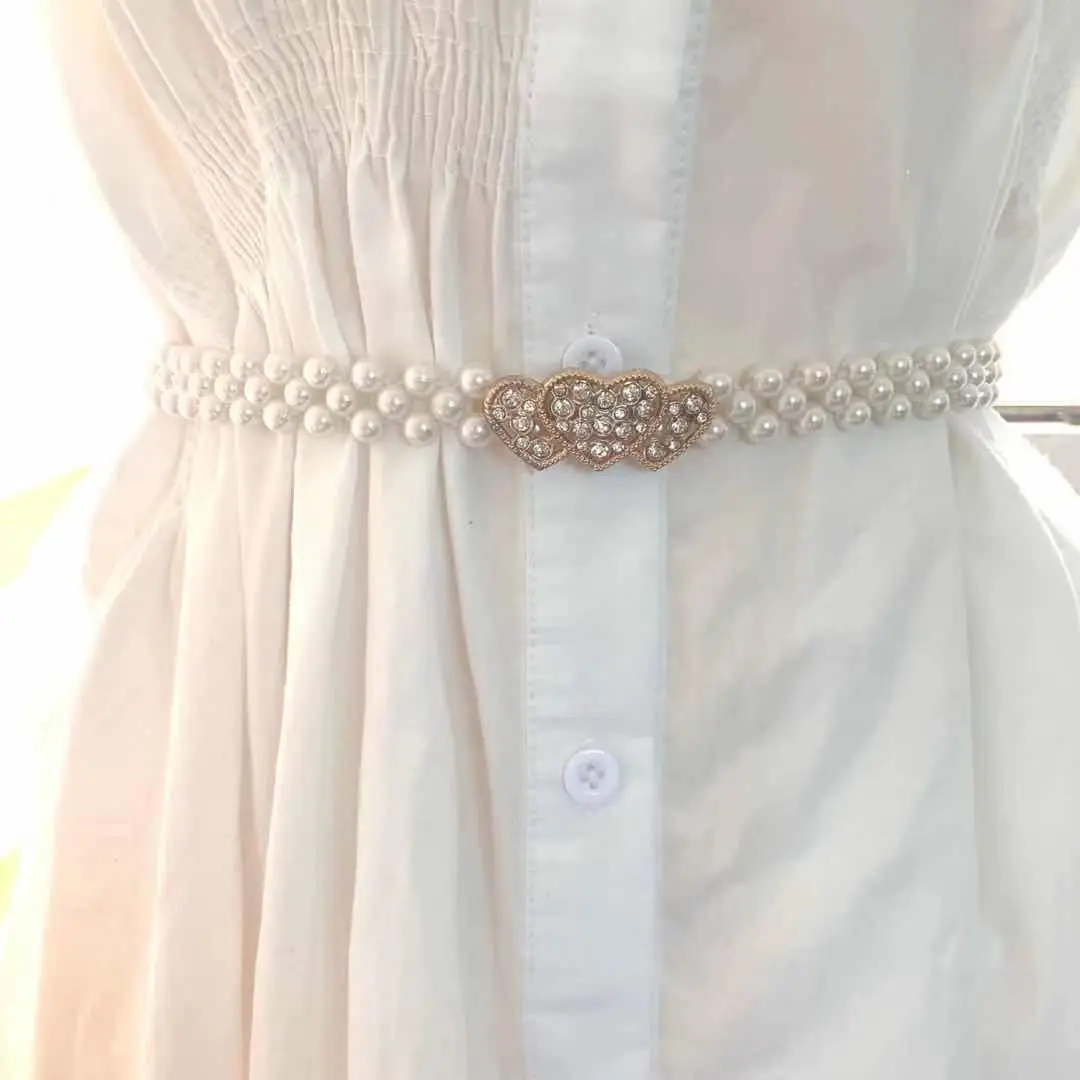 White Pearl Belt with Rhinestone Centerpiece for Women - Image 2