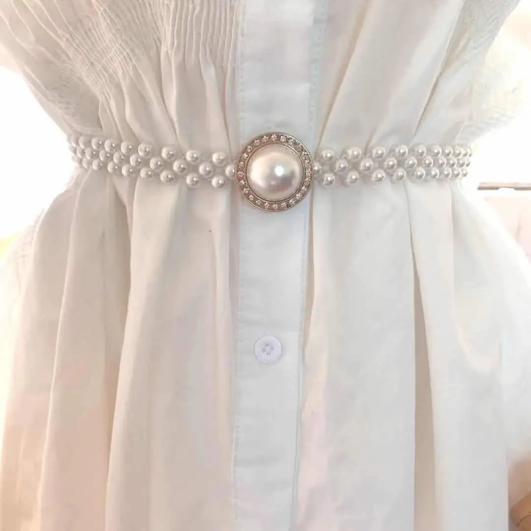 White Pearl Belt with Rhinestone Centerpiece for Women - Image 8