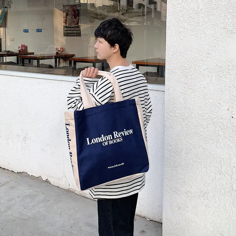 London Review Books Canvas Shoulder Bag Navy White - Image 8
