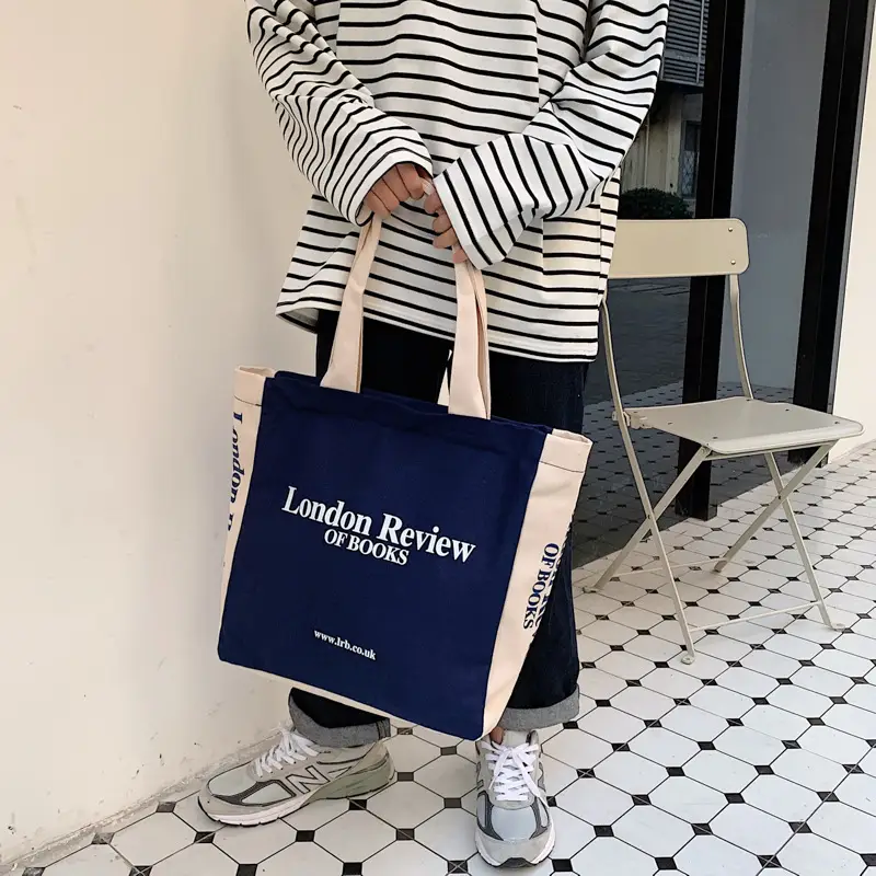 London Review Books Canvas Shoulder Bag Navy White - Image 9