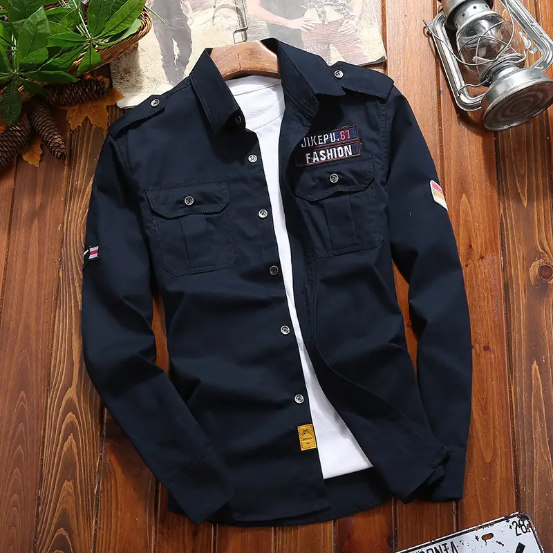 Men Navy Slim Fit Long Sleeve Shirt Jacket with Embroidered Details - Image 5