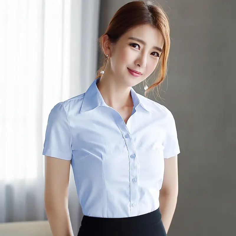 Women's Pointed Collar Short Sleeve White Shirt Spring Summer Business Wear - Image 9