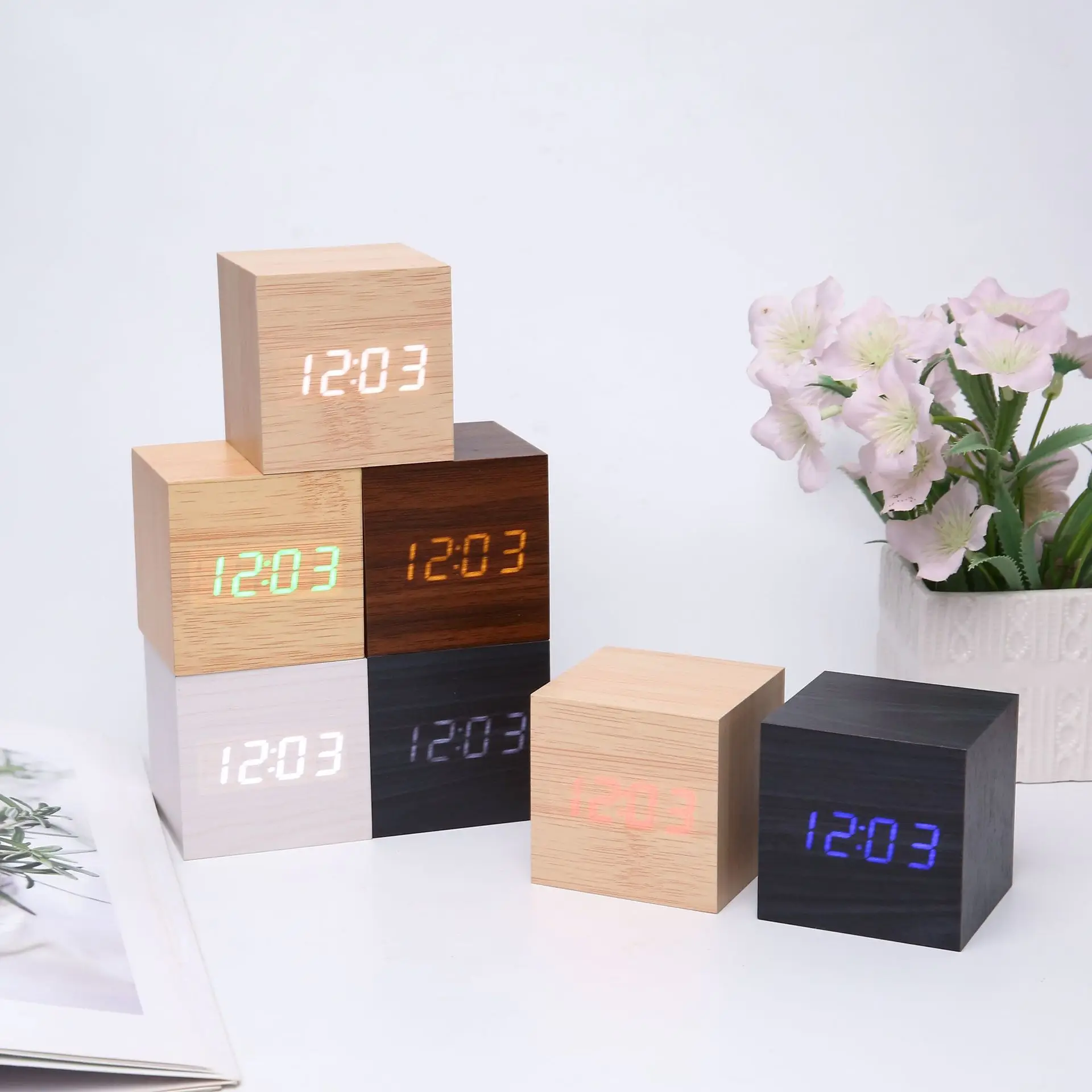 Led Digital Alarm Clock Wooden Black White - Image 7