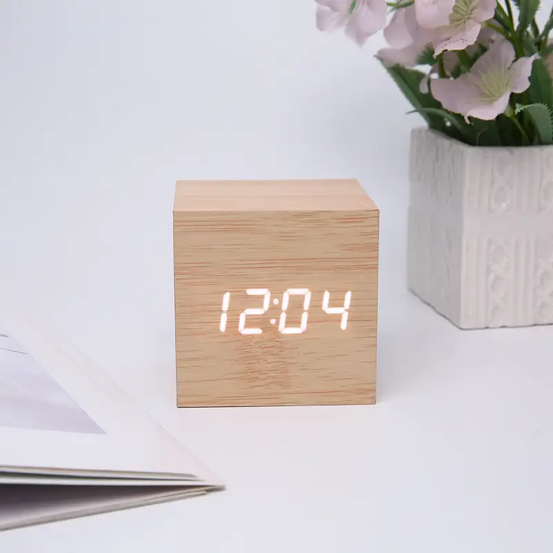 Led Digital Alarm Clock Wooden Black White - Image 2