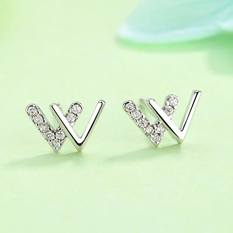 Double V Diamond Earrings for Women Silver