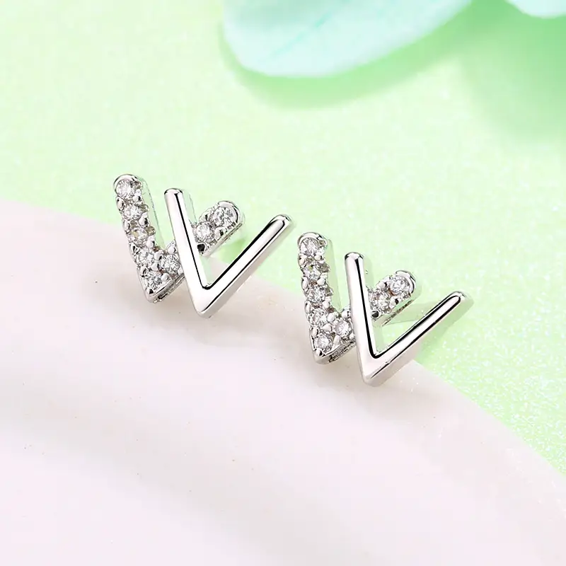 Double V Diamond Earrings for Women Silver