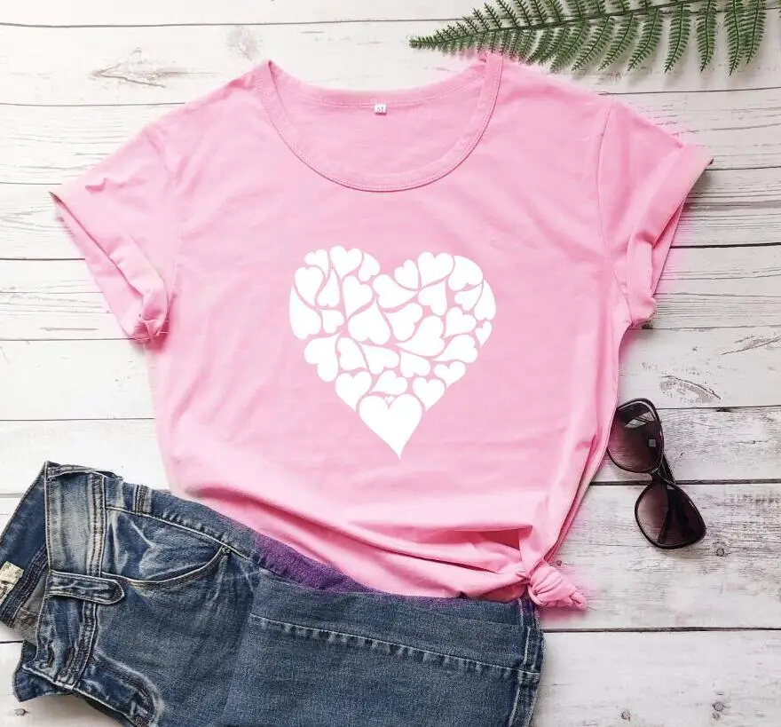 Gray Heart Print Short Sleeve T-Shirt for Women - Image 2