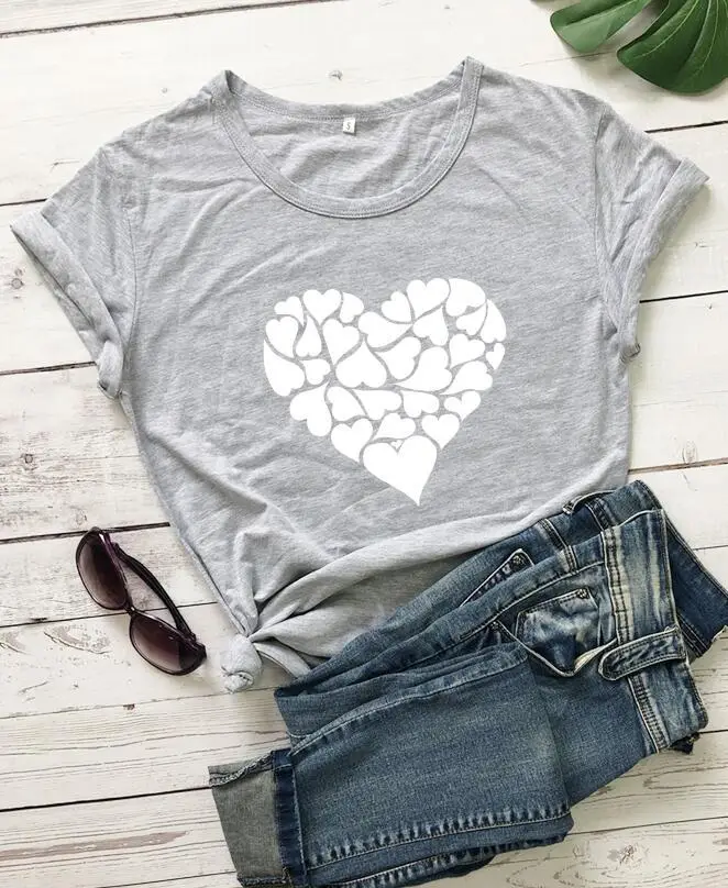 Gray Heart Print Short Sleeve T-Shirt for Women - Image 4