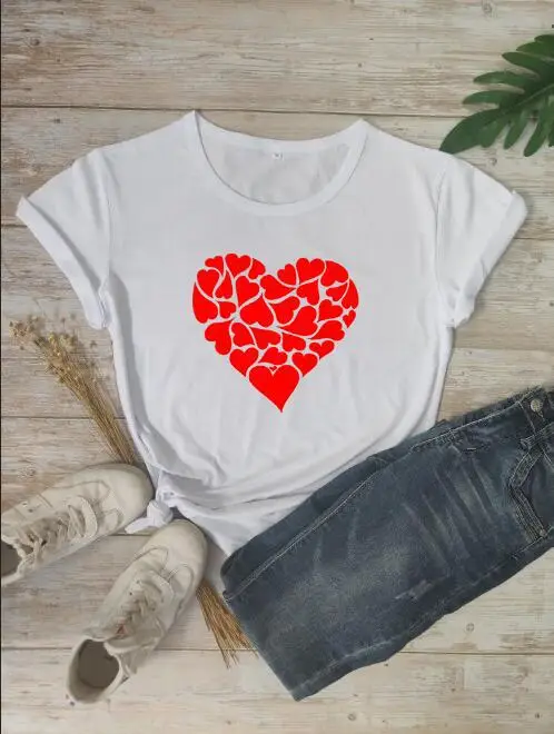 Gray Heart Print Short Sleeve T-Shirt for Women - Image 5