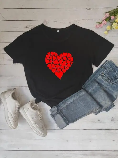 Gray Heart Print Short Sleeve T-Shirt for Women - Image 6