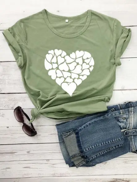Gray Heart Print Short Sleeve T-Shirt for Women - Image 7