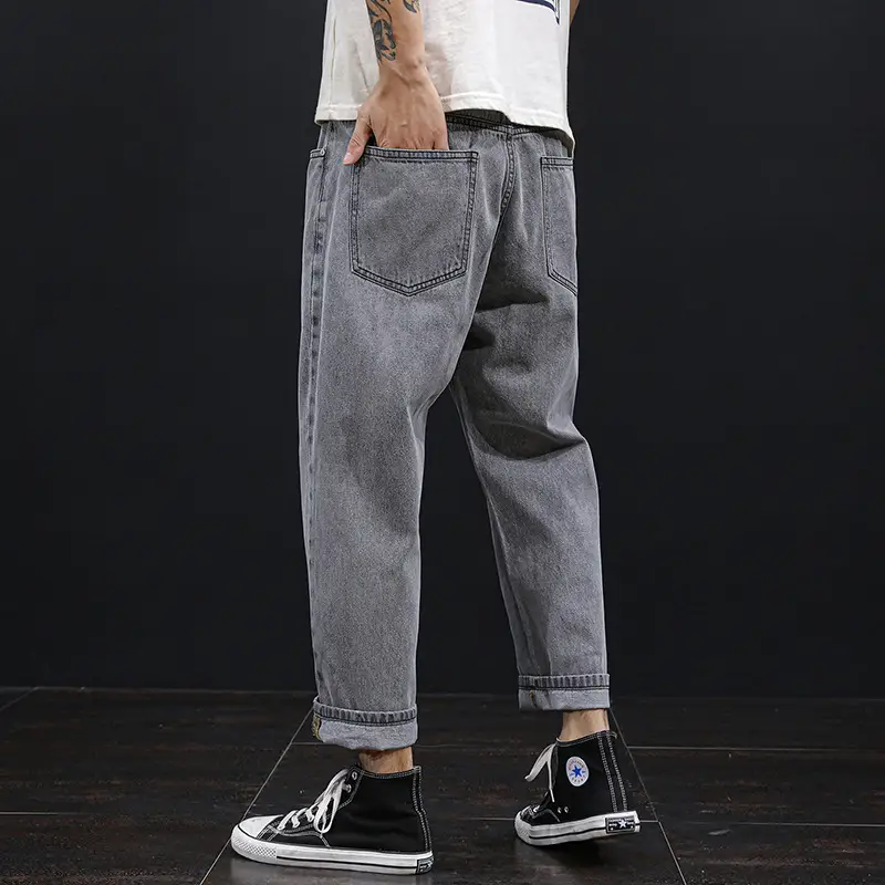 Plus Size Men Denim Cropped Pants 2022 Grey