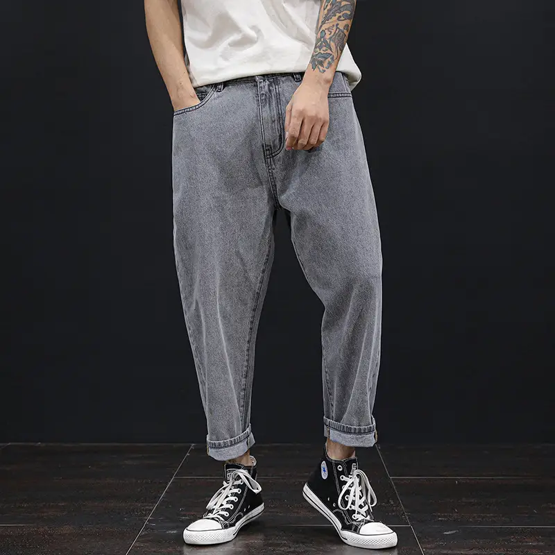 Plus Size Men Denim Cropped Pants 2022 Grey