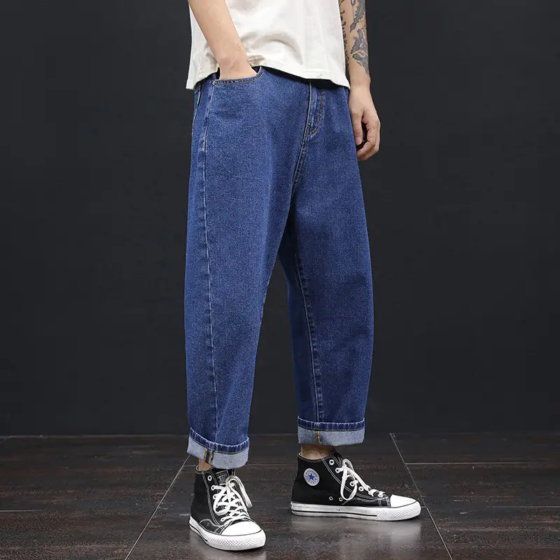 Plus Size Men Denim Cropped Pants 2022 Grey